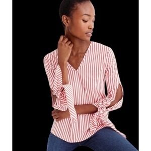 Universal Standard for J.Crew‎ Striped Tie-Sleeve Blouse Size M Preppy Poplin